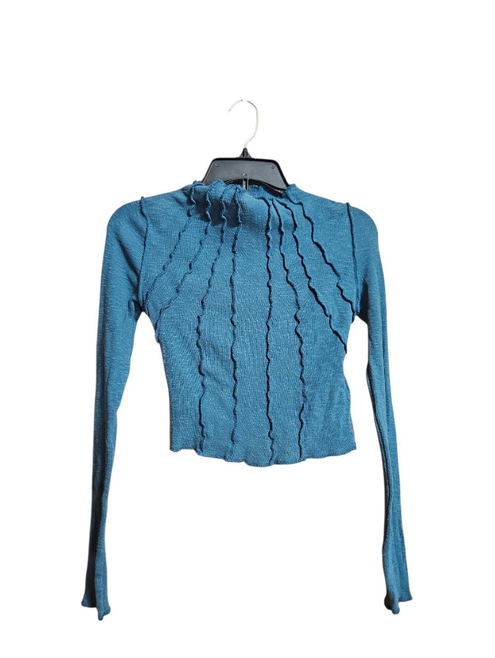 Bdg Urban Outfitters Long Sleeve Blue Ribbed Crop Top High Neck Size Medium!